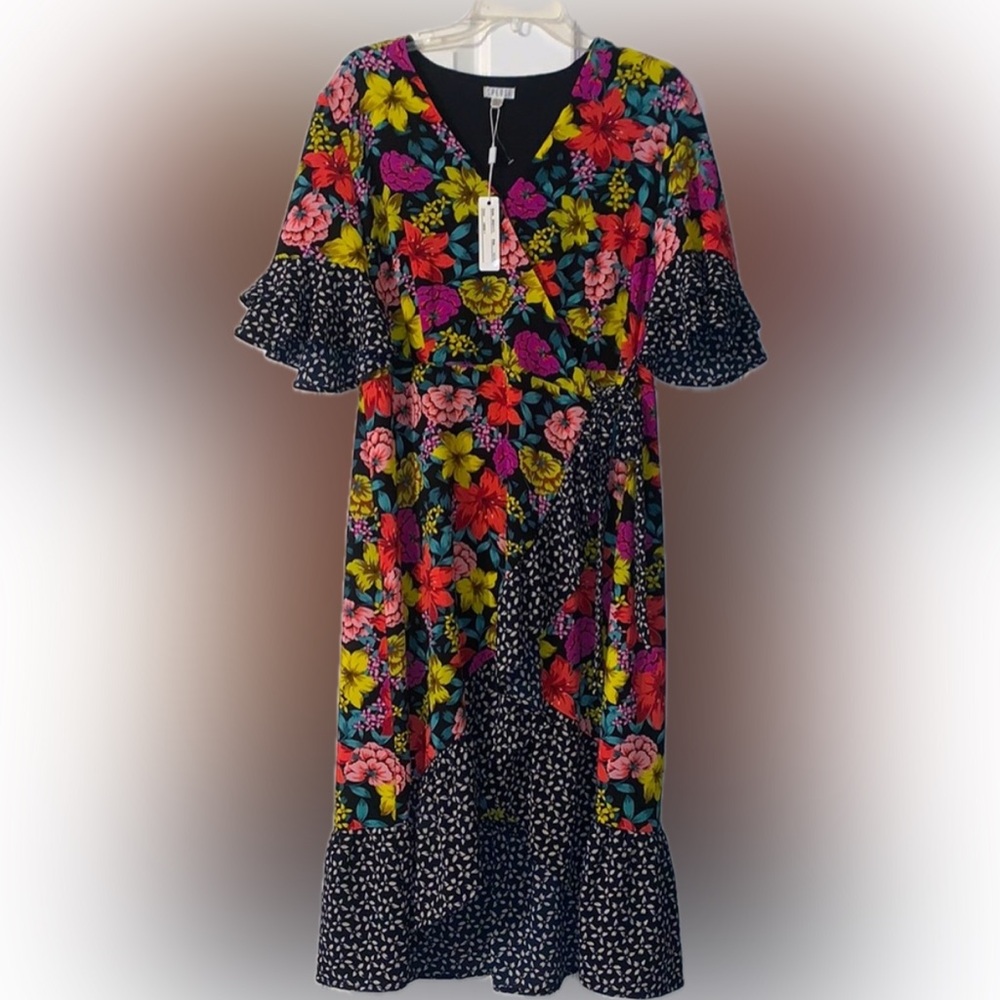 NWT Designer Bright Floral Ruffle Wrap Dress